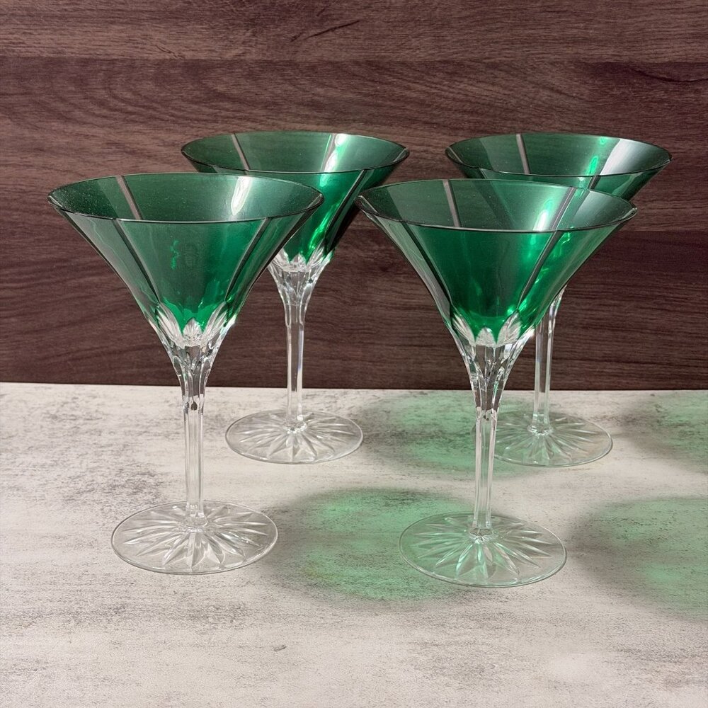 Vintage 80s Ajka Castille Albinka Green Cut to Clear S/Four Martini Glasses MINT